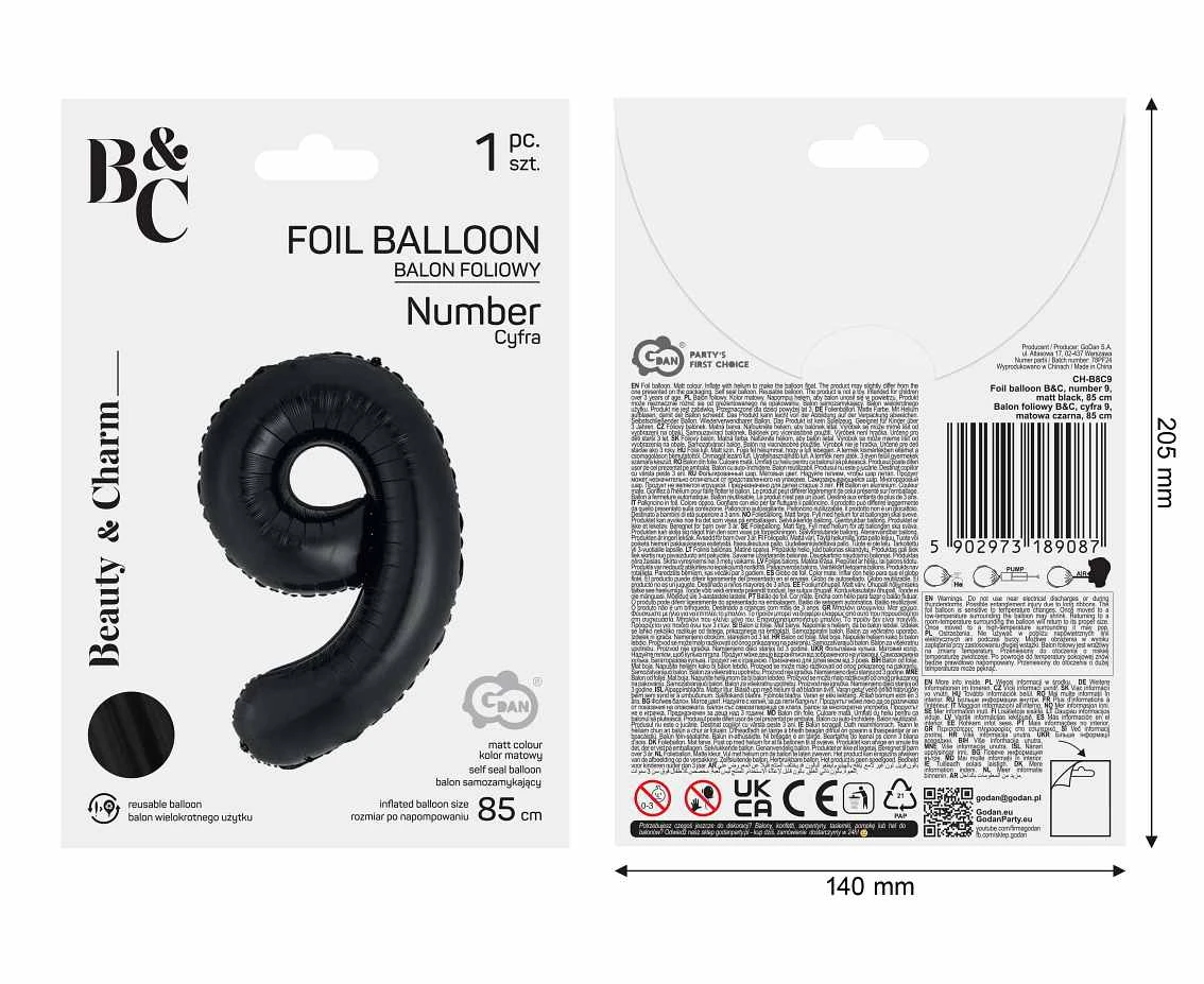 Balon foliowy B&C, cyfra 9, matowa czarna, 85 cm