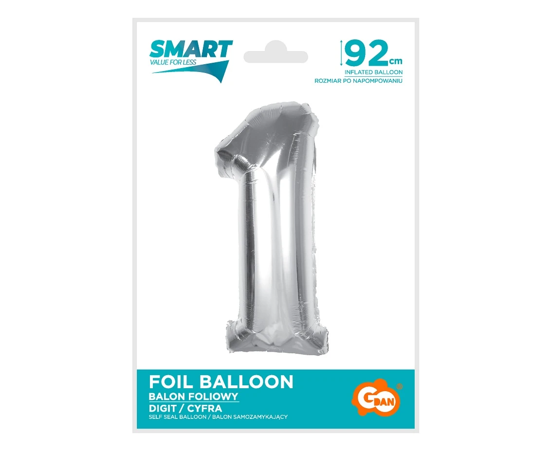 Balon foliowy Smart, cyfra 1, srebrna, 92 cm KK