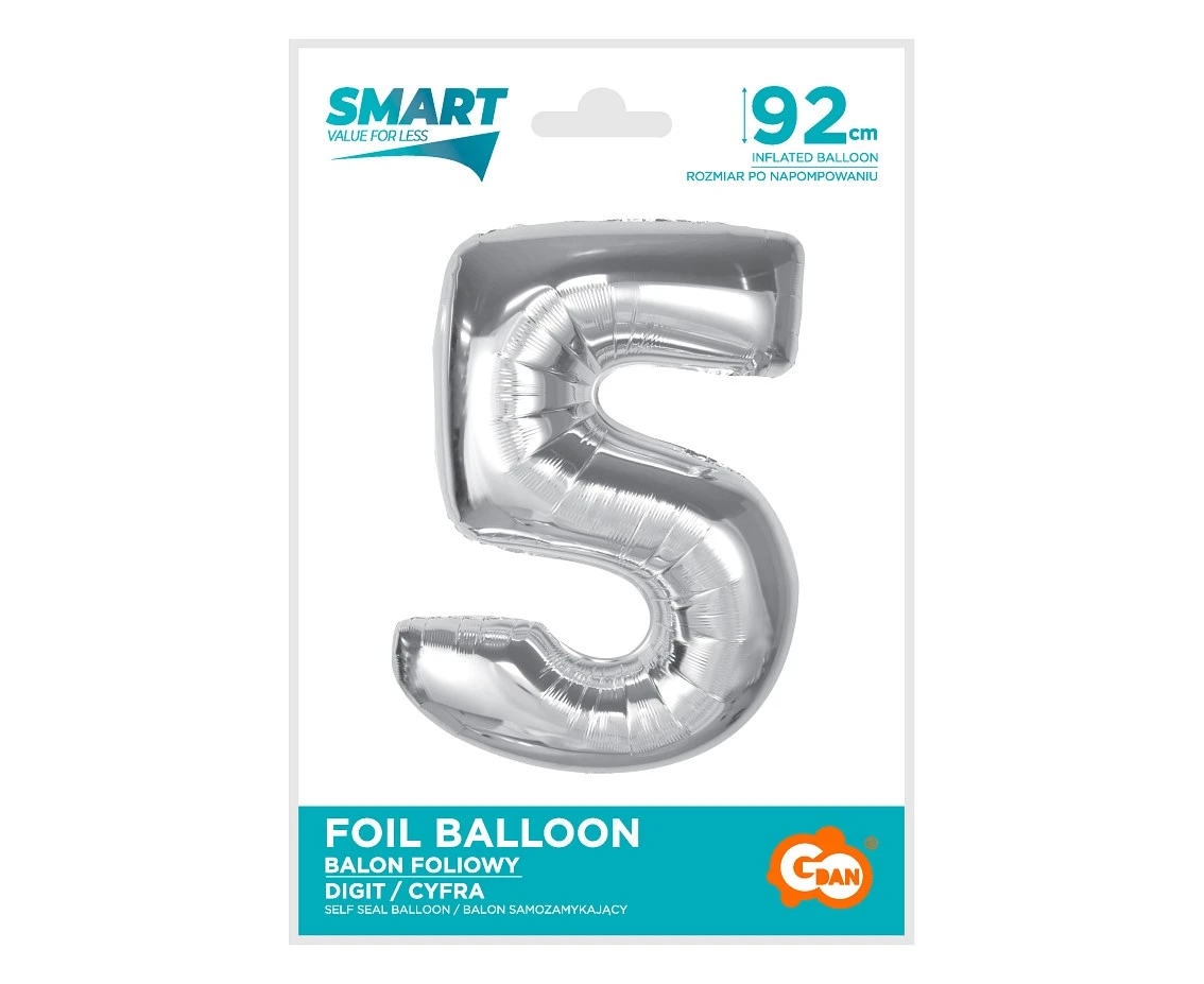 Balon foliowy Smart, cyfra 5, srebrna, 92 cm KK