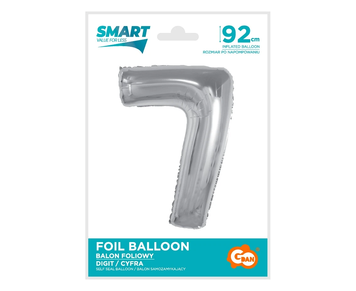 Balon foliowy Smart, cyfra 7, srebrna, 92 cm KK