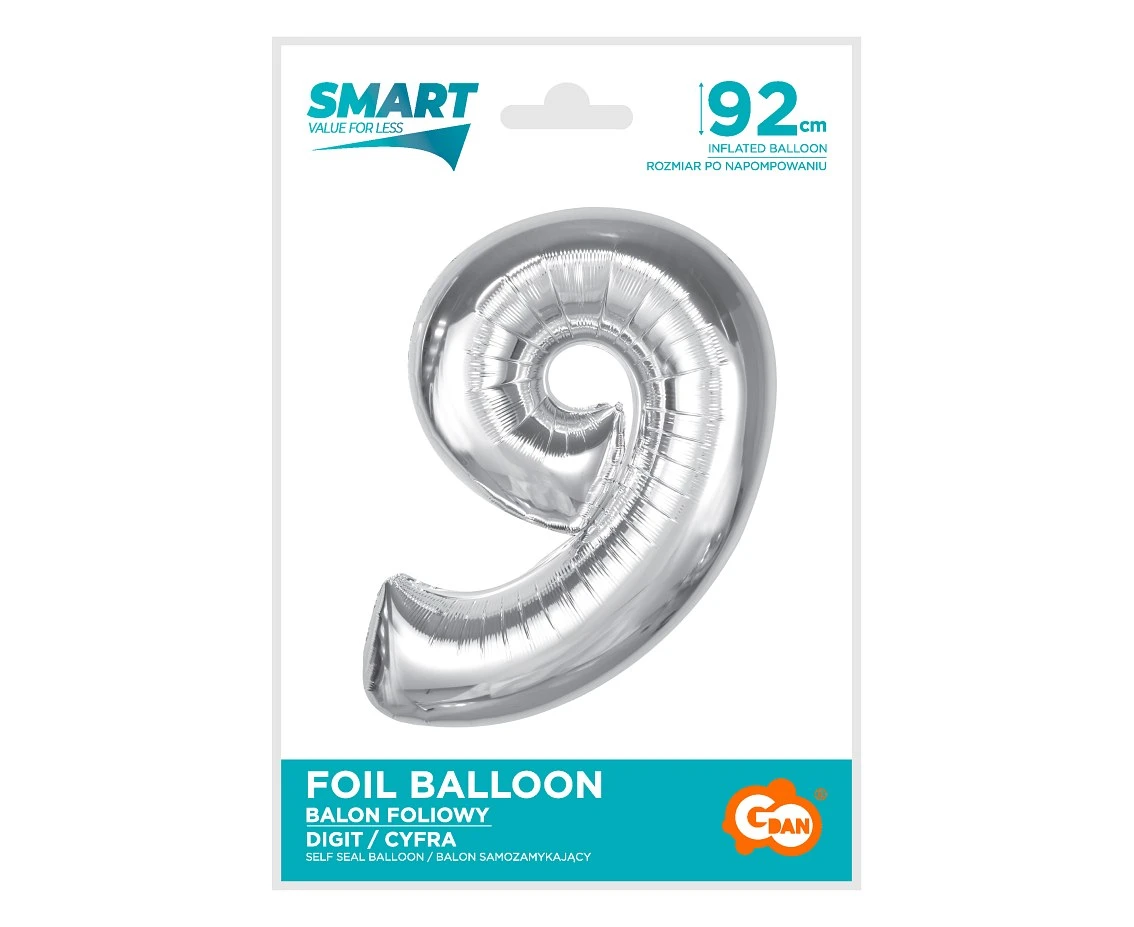 Balon foliowy Smart, cyfra 9, srebrna, 92 cm KK