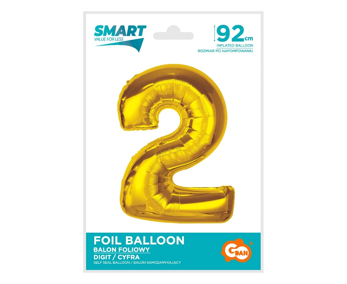 Balon foliowy Smart, cyfra 2, złota, 92 cm KK