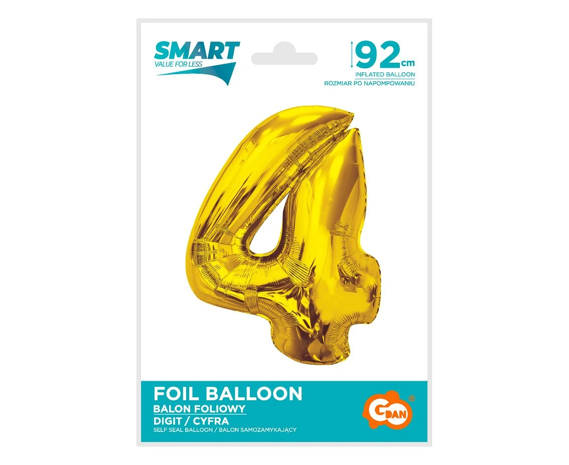 Balon foliowy Smart, cyfra 4, złota, 92 cm KK