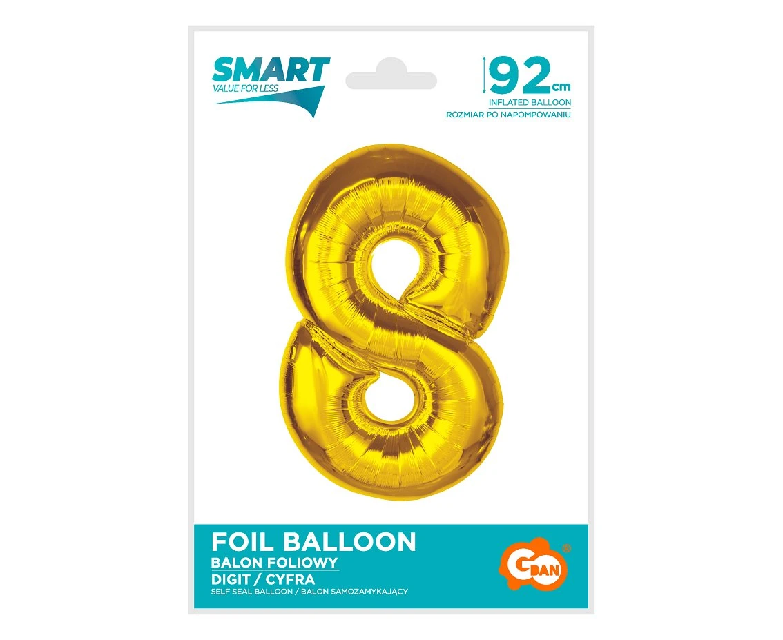 Balon foliowy Smart, cyfra 8, złota, 92 cm KK