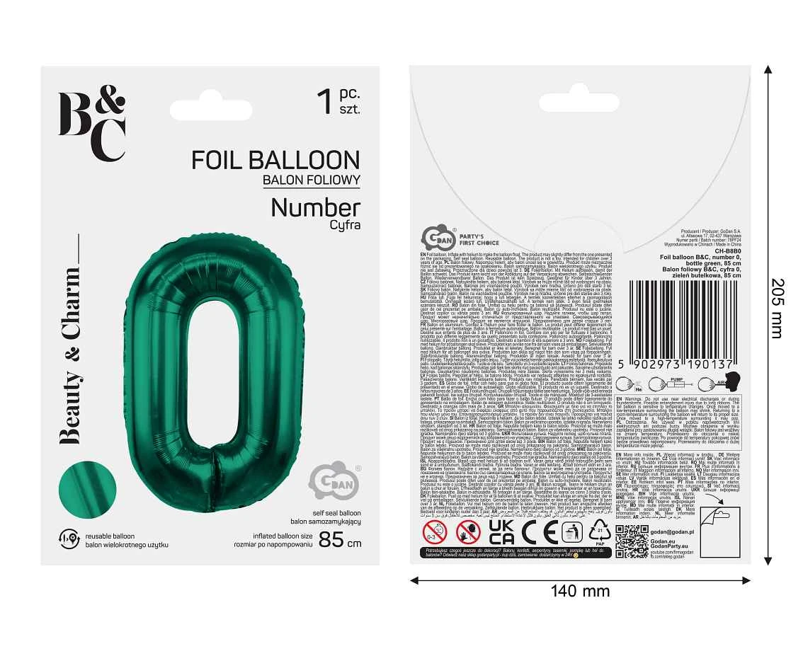 Balon foliowy B&C, cyfra 0, zieleń butelkowa, 85 cm