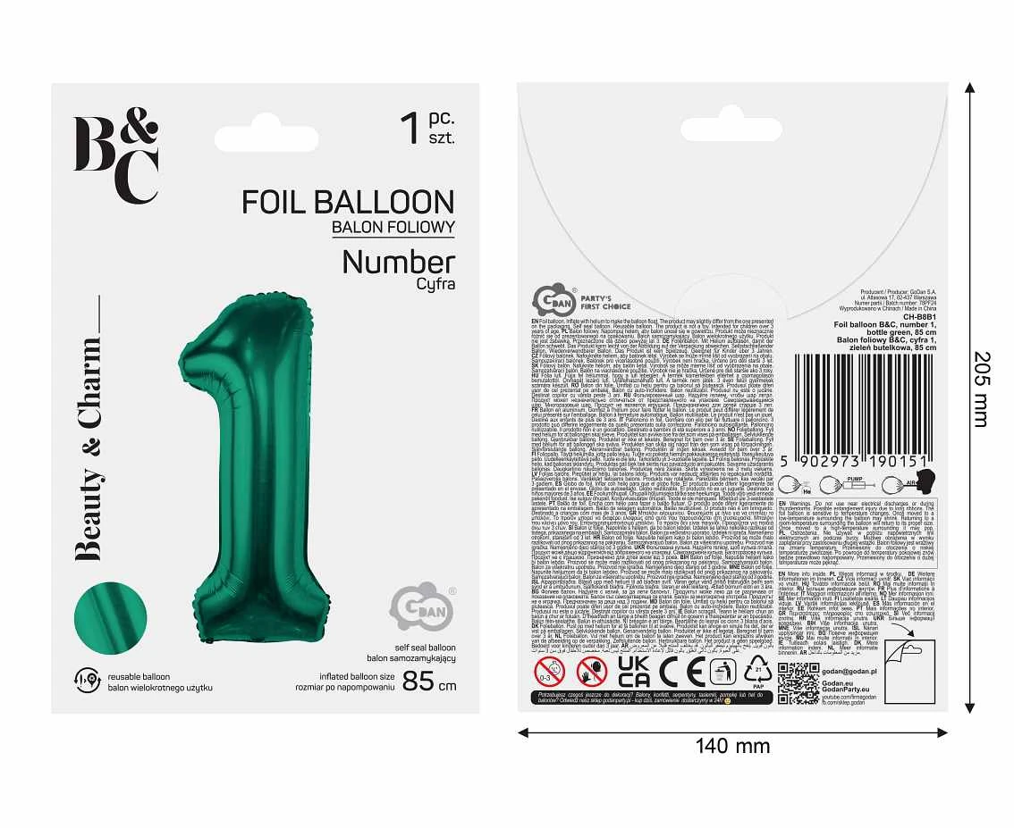 Balon foliowy B&C, cyfra 1, zieleń butelkowa, 85 cm