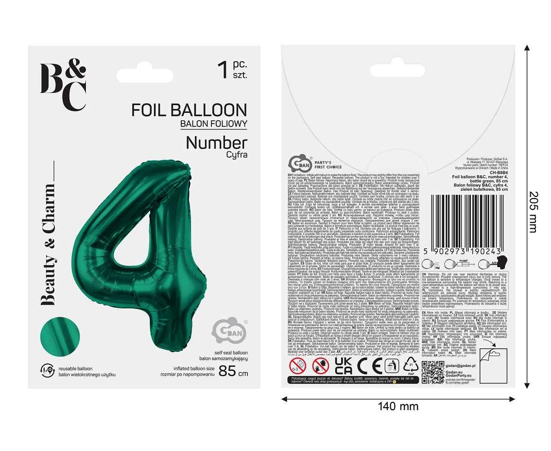 Balon foliowy B&C, cyfra 4, zieleń butelkowa, 85 cm