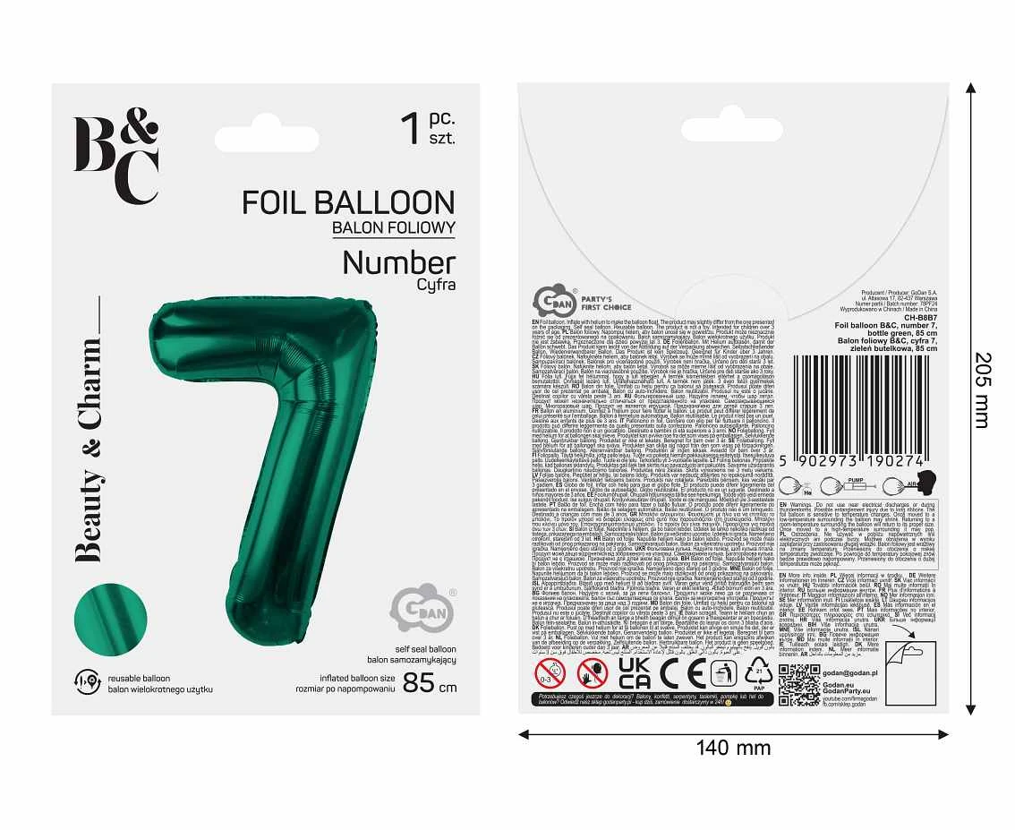 Balon foliowy B&C, cyfra 7, zieleń butelkowa, 85 cm