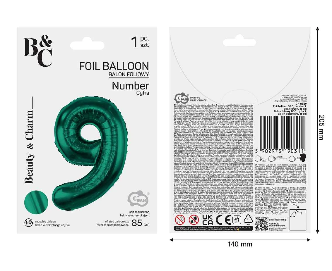 Balon foliowy B&C, cyfra 9, zieleń butelkowa, 85 cm