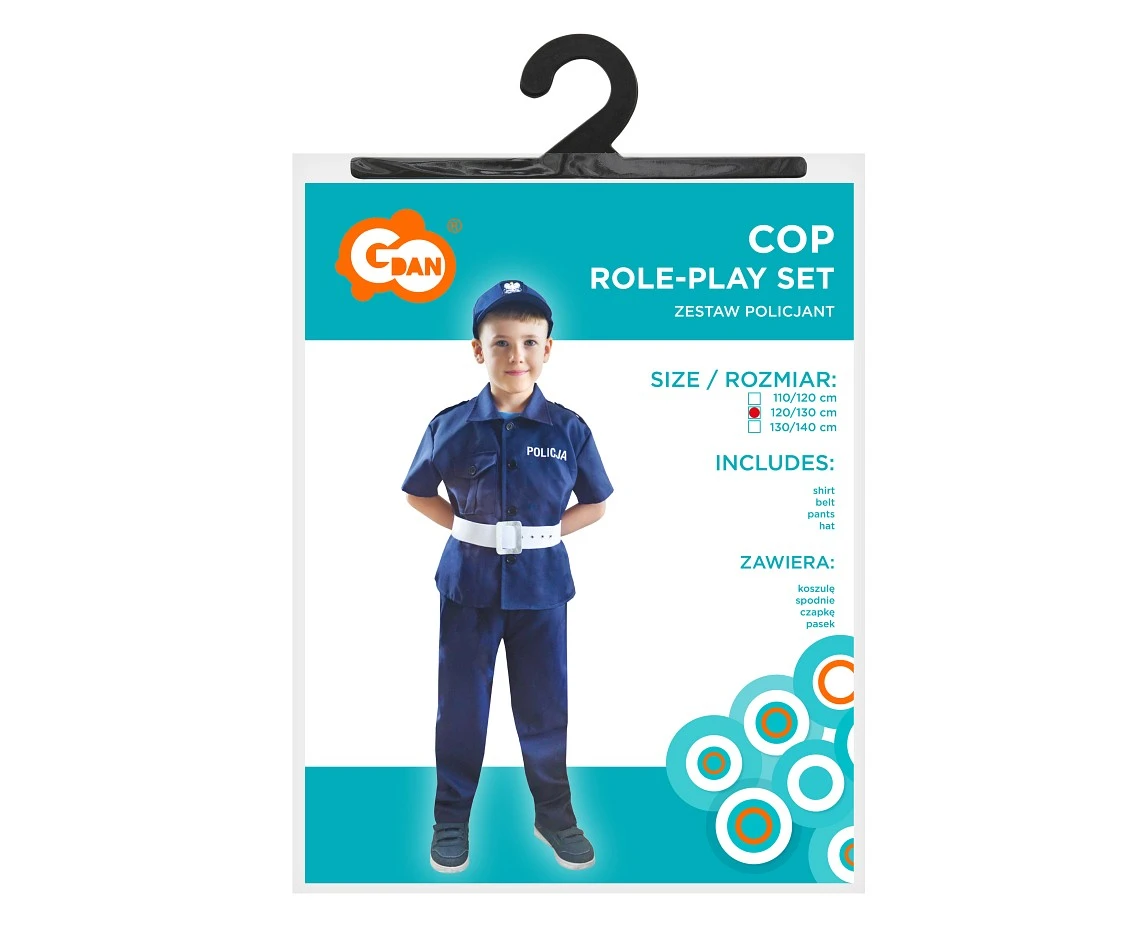 Zestaw dla dzieci Policjant (koszula, spodnie, czapka, pasek), rozm. 120/130 cm