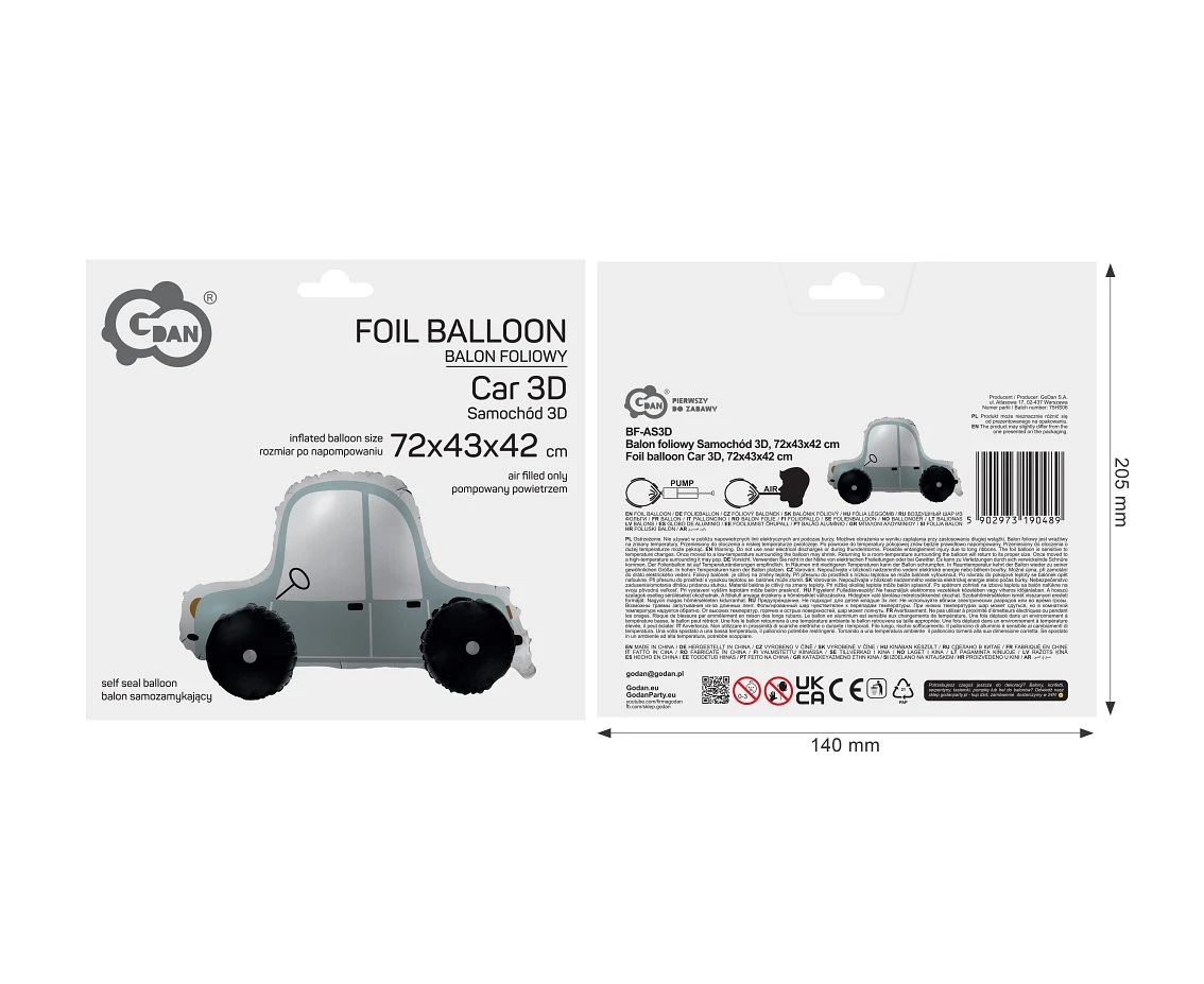 Balon foliowy Samochód 3D, 72x43x42 cm