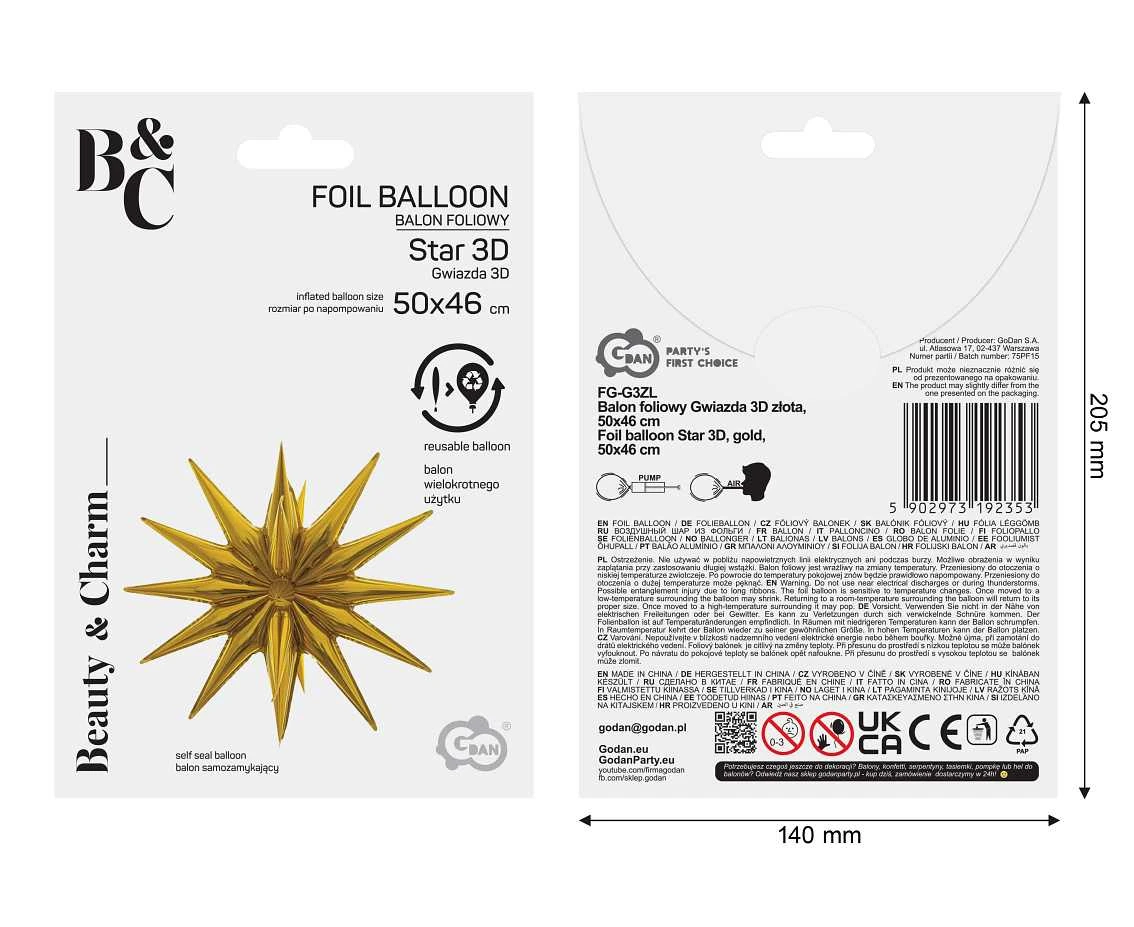 Balon foliowy Gwiazda 3D złota, 50x46cm