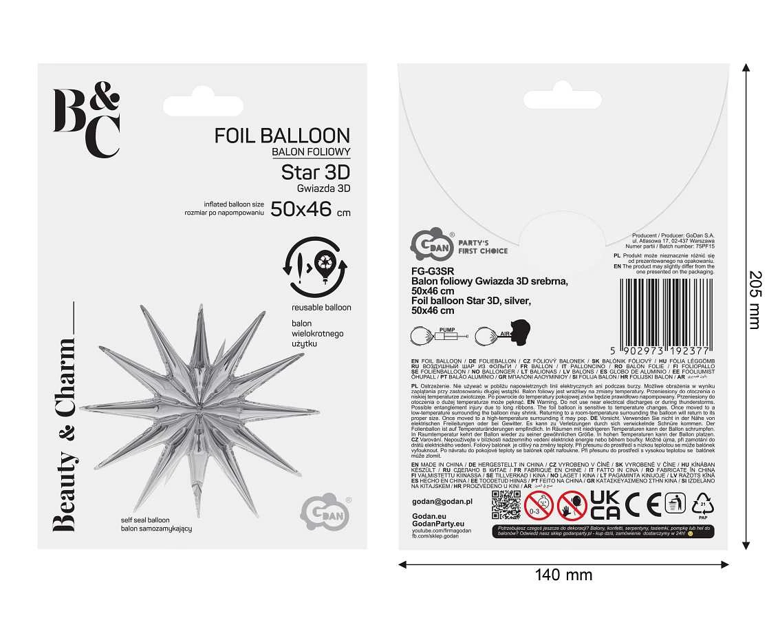 Balon foliowy Gwiazda 3D srebrna, 50x46cm
