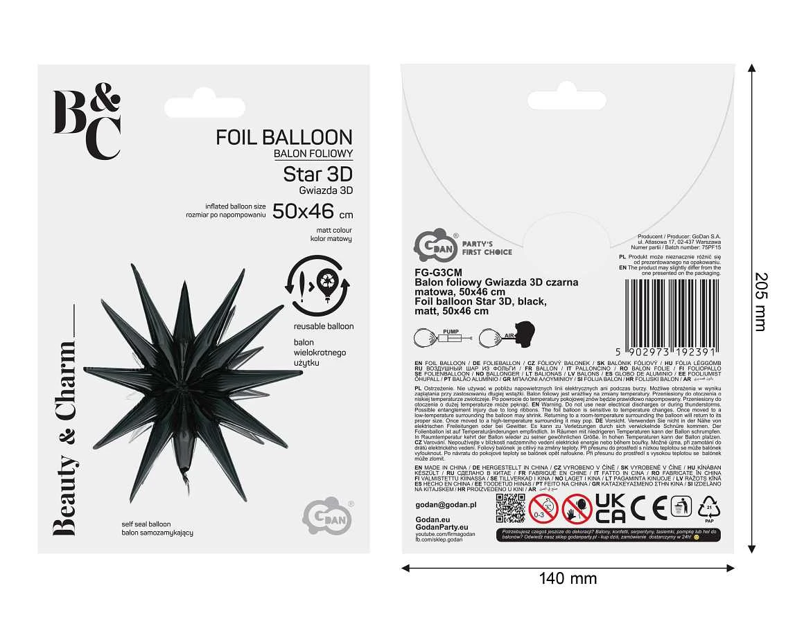 Balon foliowy Gwiazda 3D czarna matowa, 50x46cm