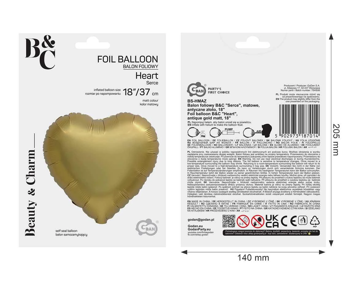 Balon foliowy B&C "Serce", matowe, antyczne złoto, 18"