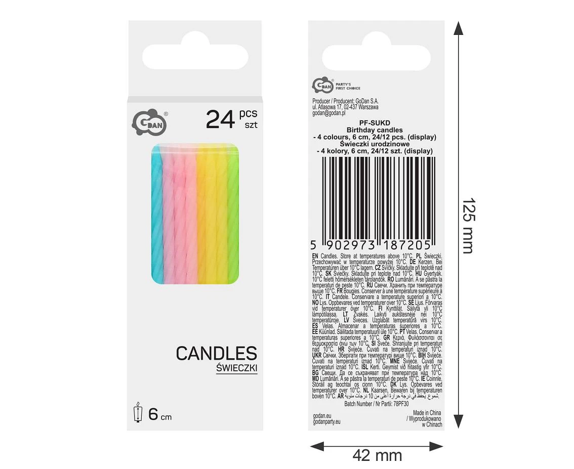 Świeczki urodzinowe - 4 kolory, 6 cm, 24/12 szt.  (produkt pakowany w display)