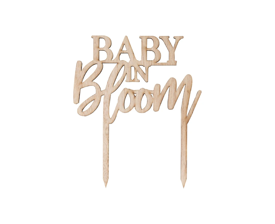 Dekoracje na tort Baby in Bloom, drewniany topper, 19 x 14 cm. KK