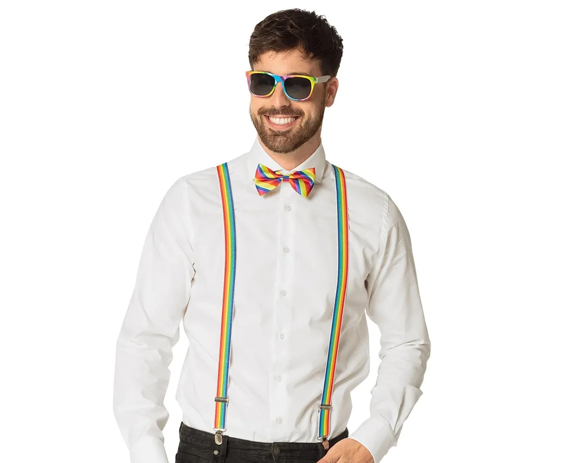 Zestaw imprezowy dla mężczyzny (okulary, muszka, szelki), tęczowy