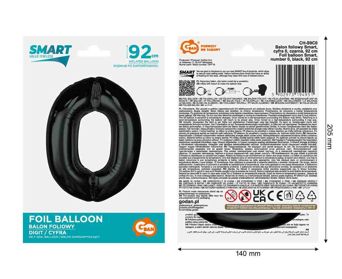 Balon foliowy Smart, cyfra 0, czarna, 92 cm KK