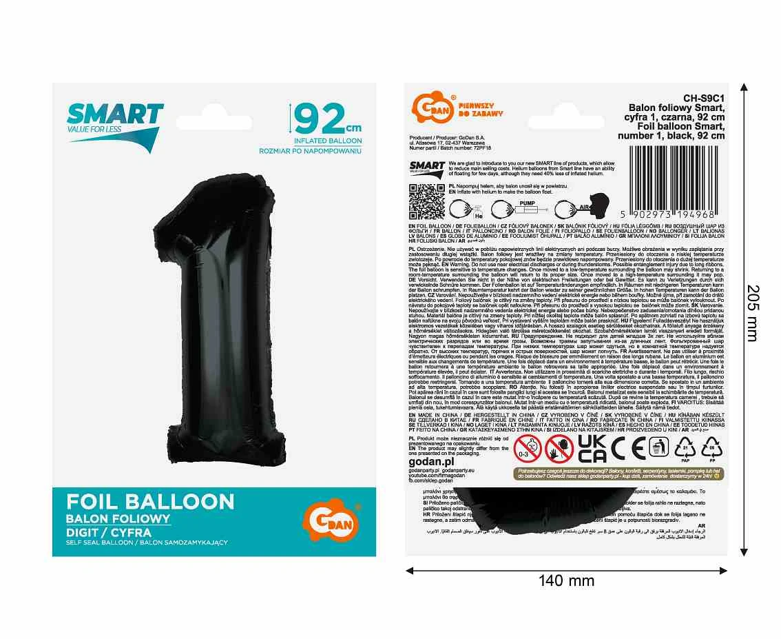 Balon foliowy Smart, cyfra 1, czarna, 92 cm KK