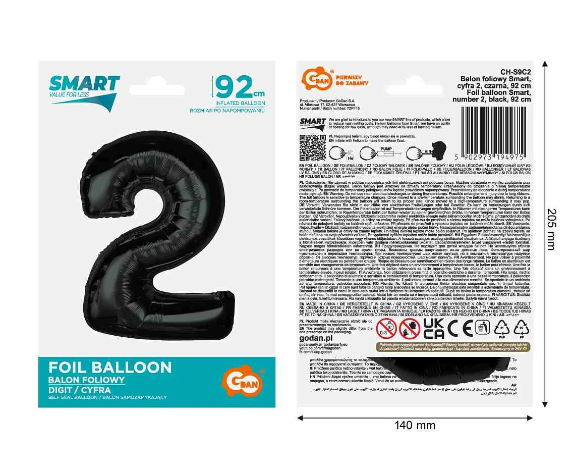 Balon foliowy Smart, cyfra 2, czarna, 92 cm KK