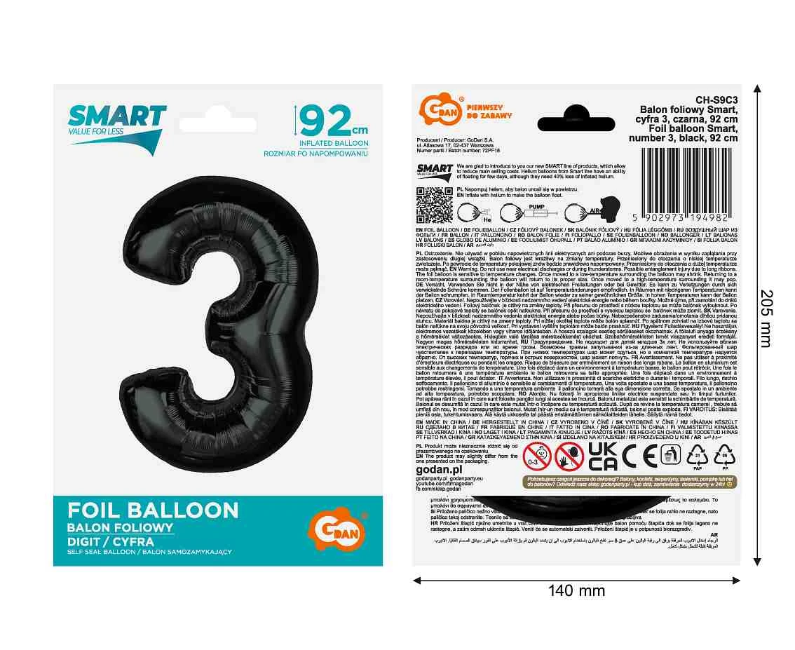 Balon foliowy Smart, cyfra 3, czarna, 92 cm KK