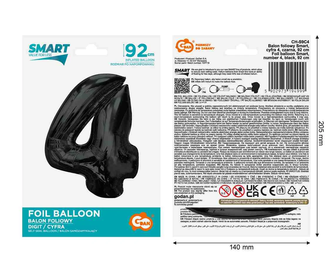 Balon foliowy Smart, cyfra 4, czarna, 92 cm KK
