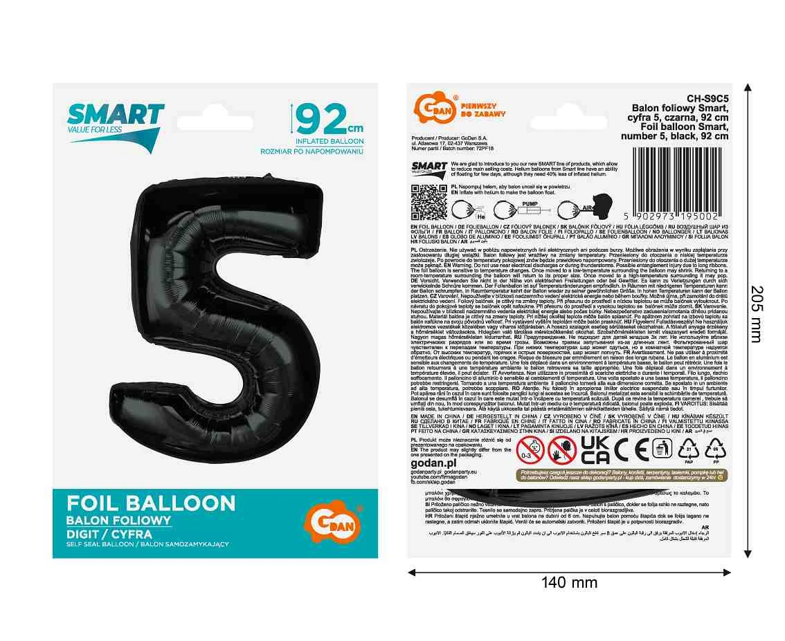 Balon foliowy Smart, cyfra 5, czarna, 92 cm KK