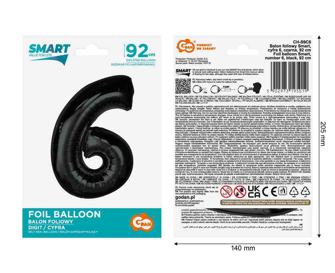 Balon foliowy Smart, cyfra 6, czarna, 92 cm KK