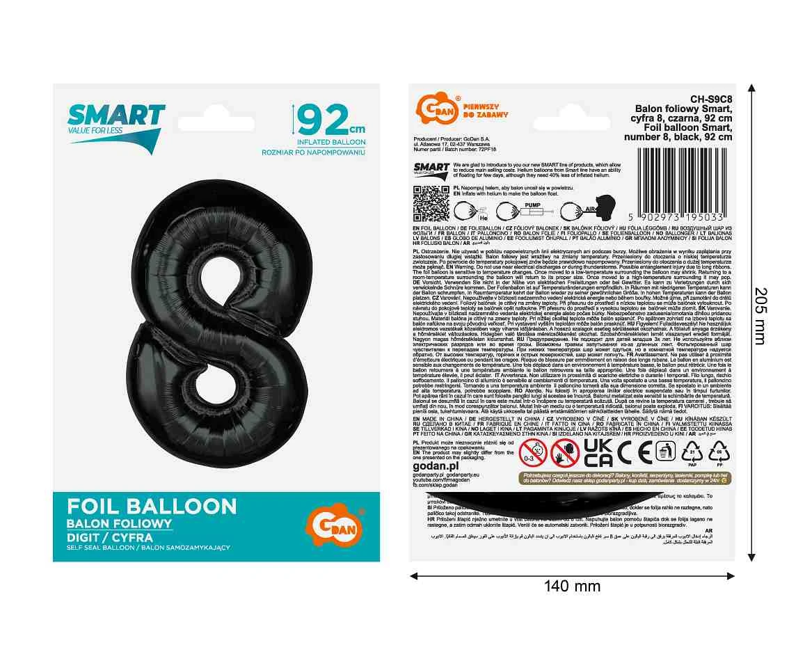 Balon foliowy Smart, cyfra 8, czarna, 92 cm KK
