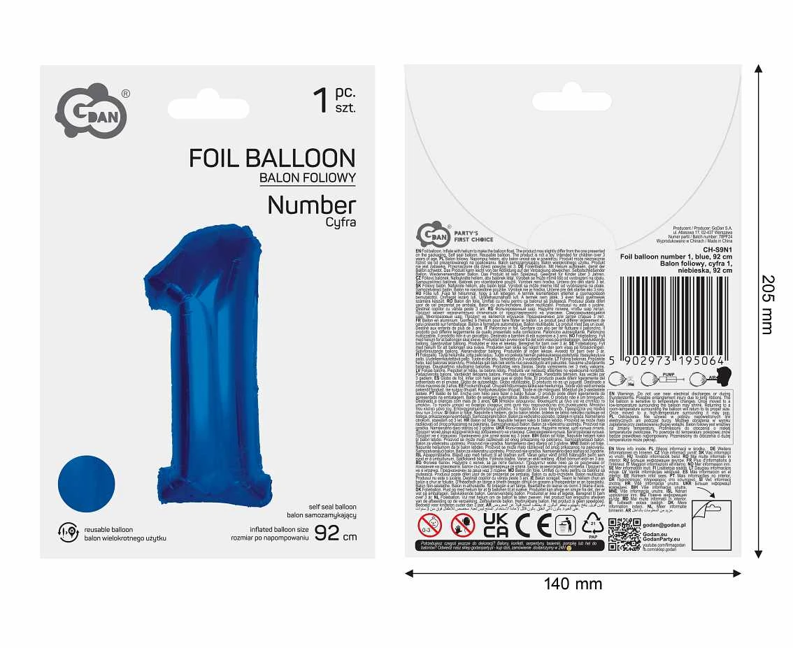 Balon foliowy B&C Cyfra 1, niebieska, 92 cm