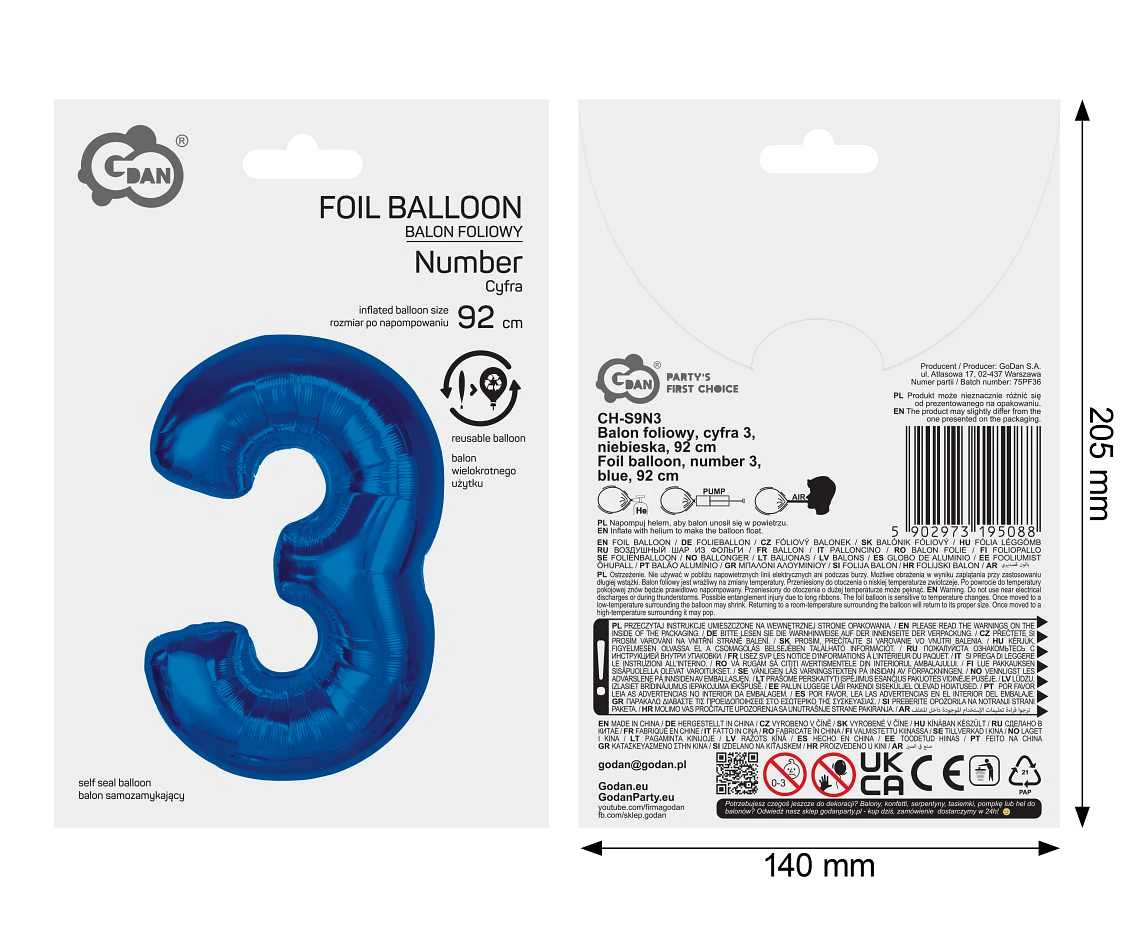Balon foliowy B&C Cyfra 3, niebieska, 92 cm