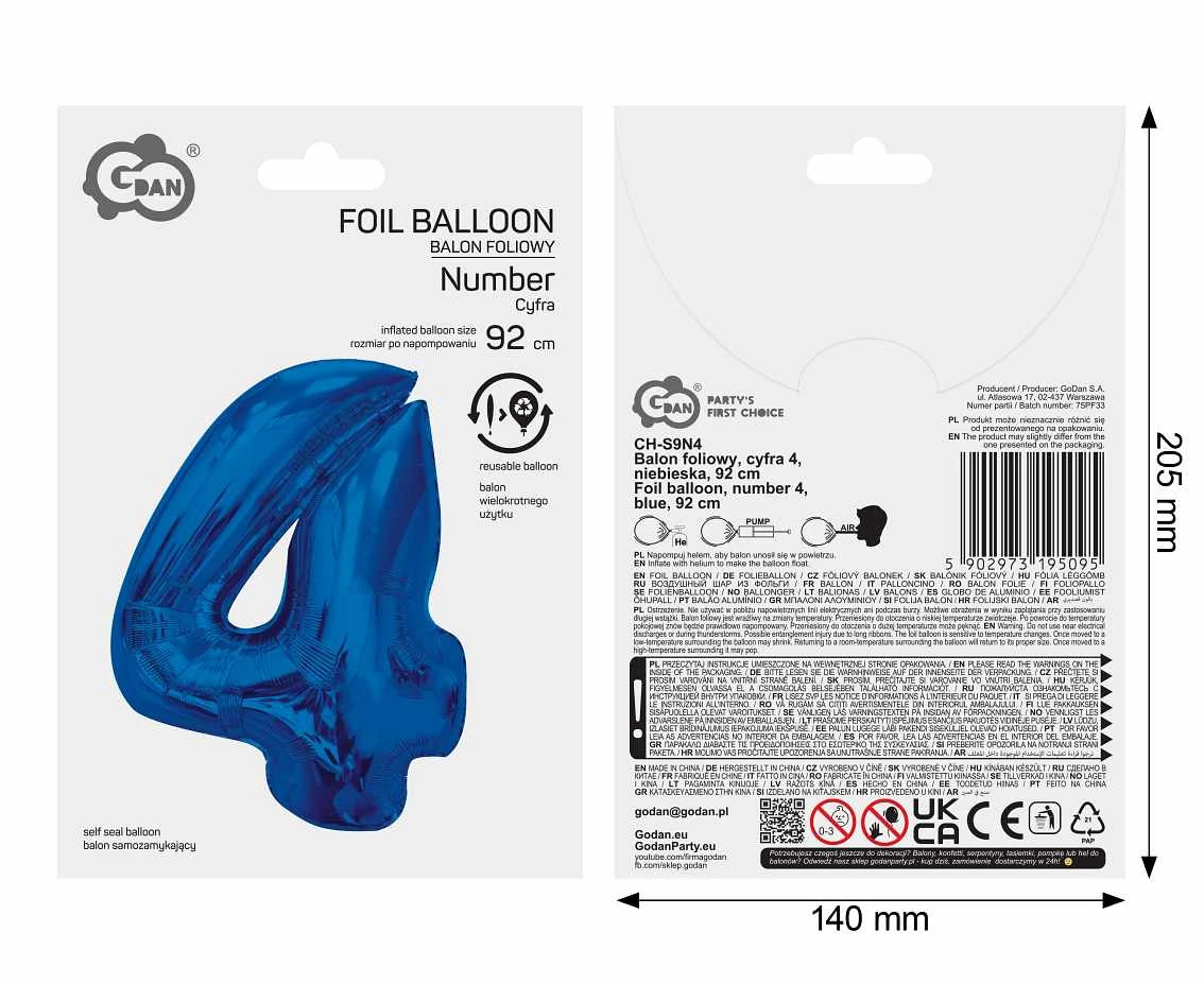 Balon foliowy B&C Cyfra 4, niebieska, 92 cm