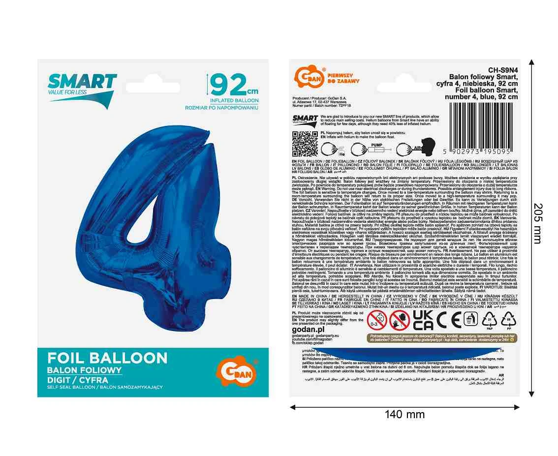 Balon foliowy B&C Cyfra 4, niebieska, 92 cm