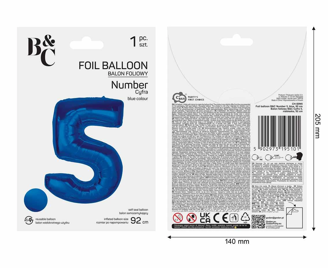 Balon foliowy B&C Cyfra 5, niebieska, 92 cm