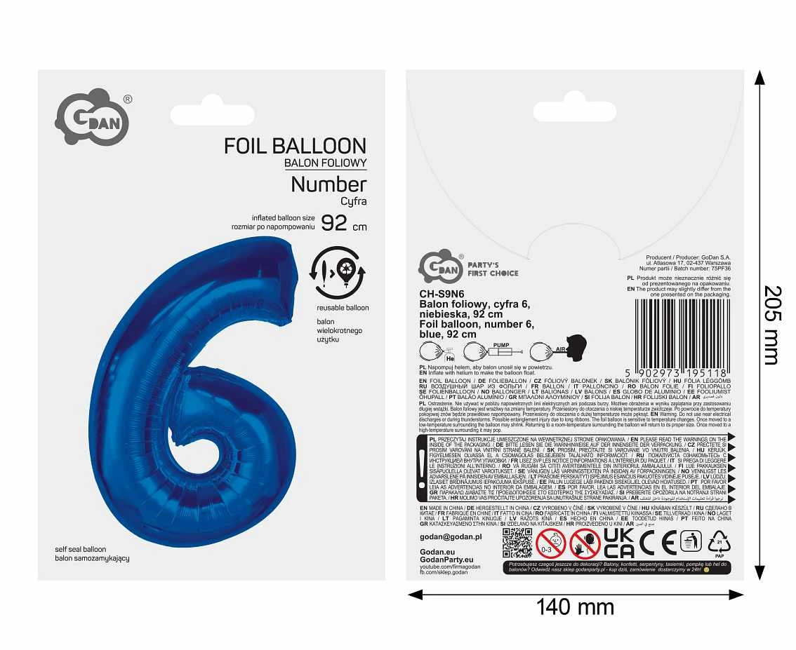Balon foliowy B&C Cyfra 6, niebieska, 92 cm