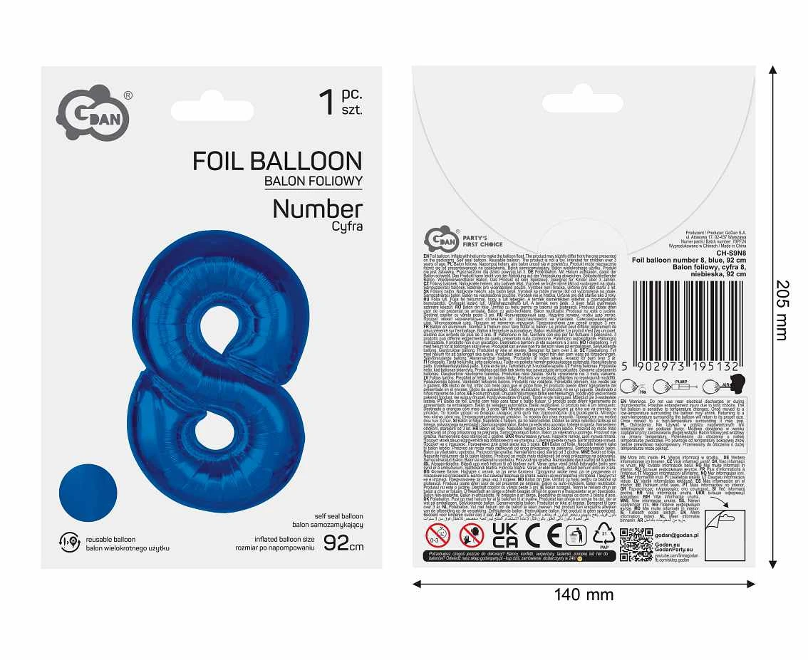 Balon foliowy B&C Cyfra 8, niebieska, 92 cm