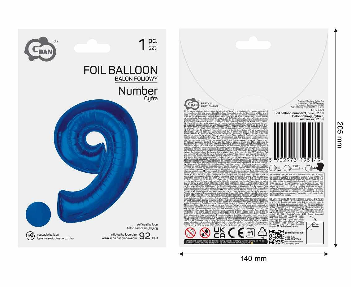 Balon foliowy B&C Cyfra 9, niebieska, 92 cm