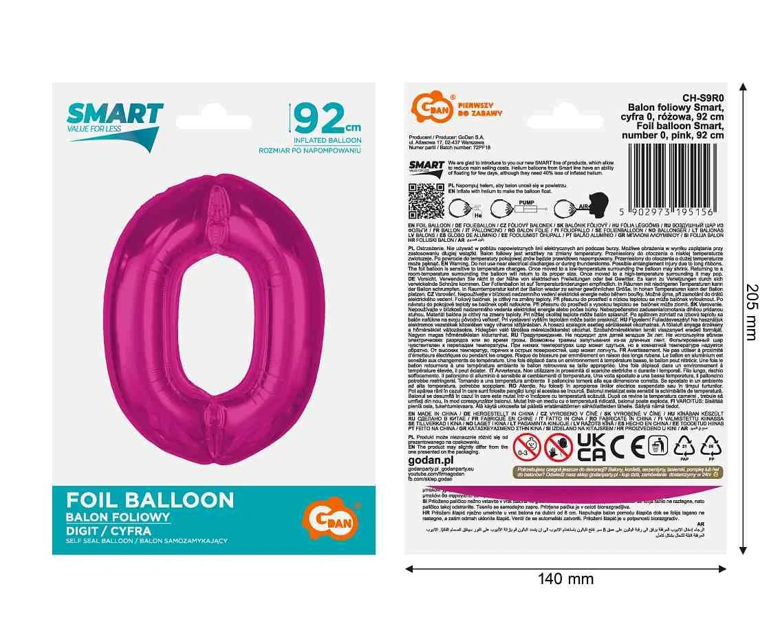 Balon foliowy Smart, cyfra 0, różowa, 92 cm KK