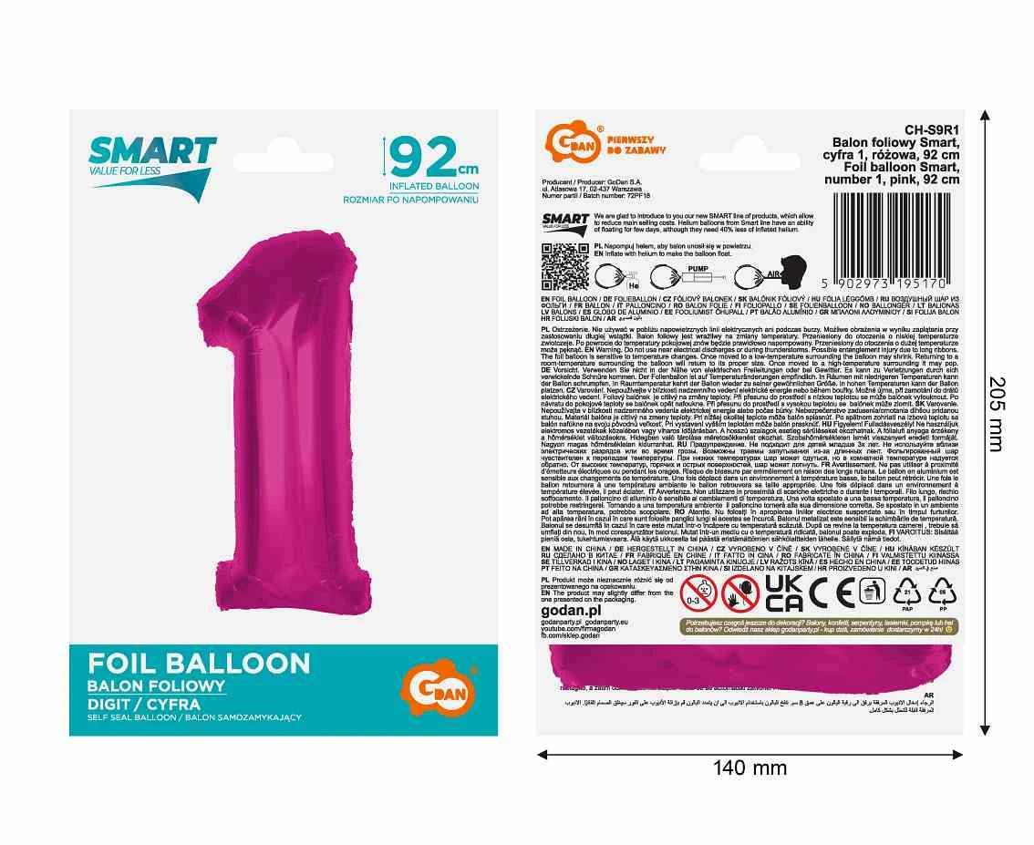 Balon foliowy Smart, cyfra 1, różowa, 92 cm KK