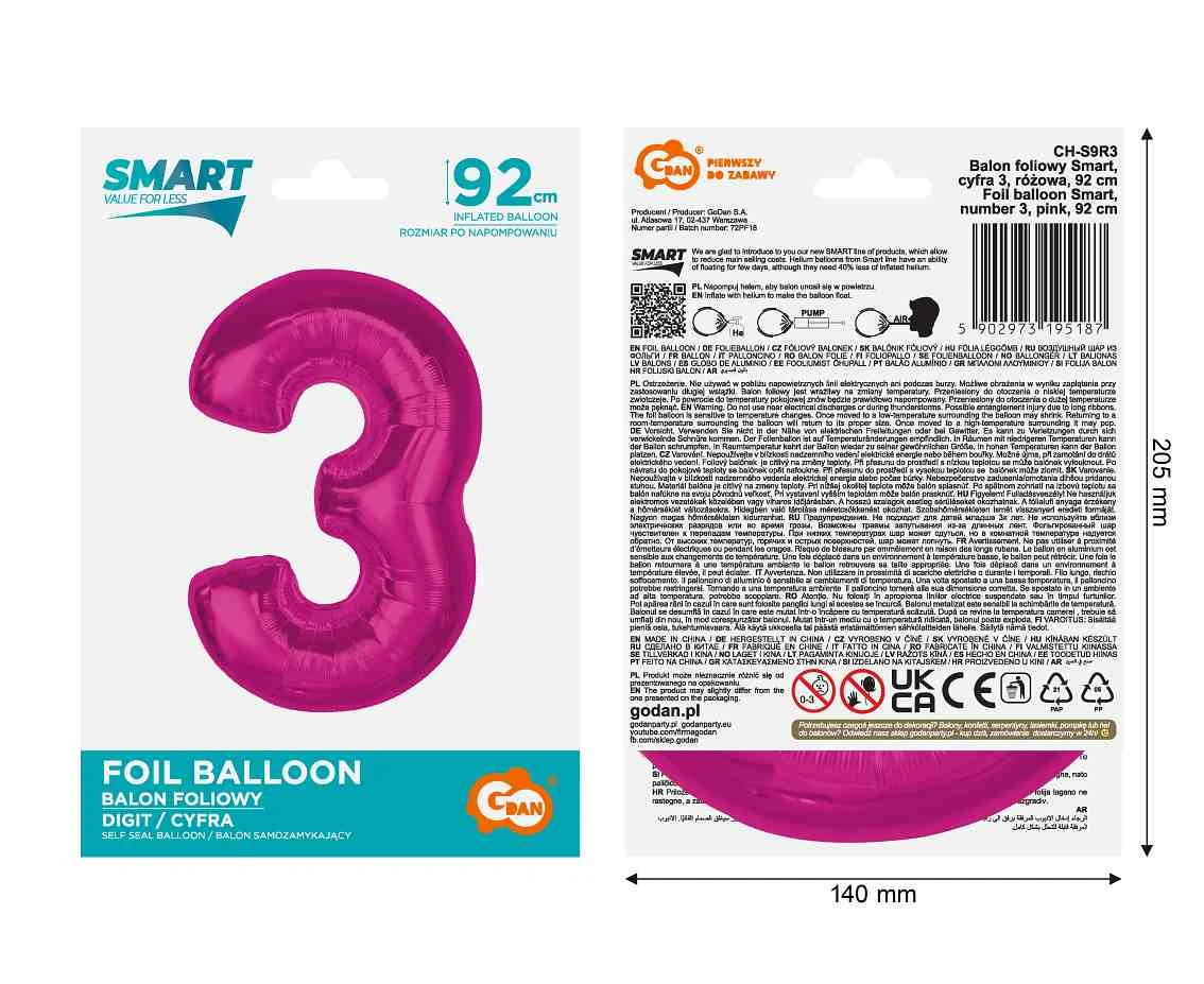 Balon foliowy Smart, cyfra 3, różowa, 92 cm KK