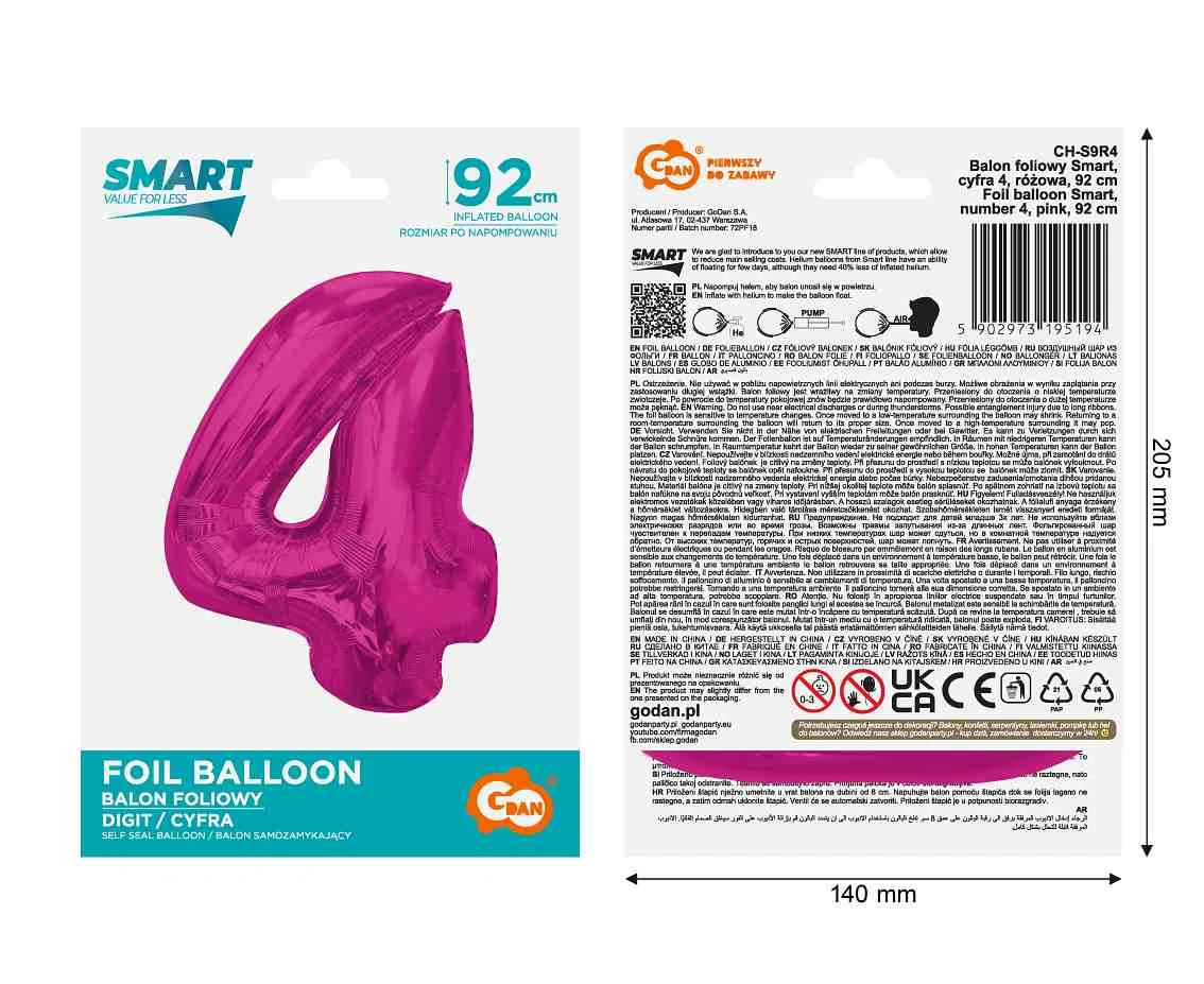 Balon foliowy Smart, cyfra 4, różowa, 92 cm KK