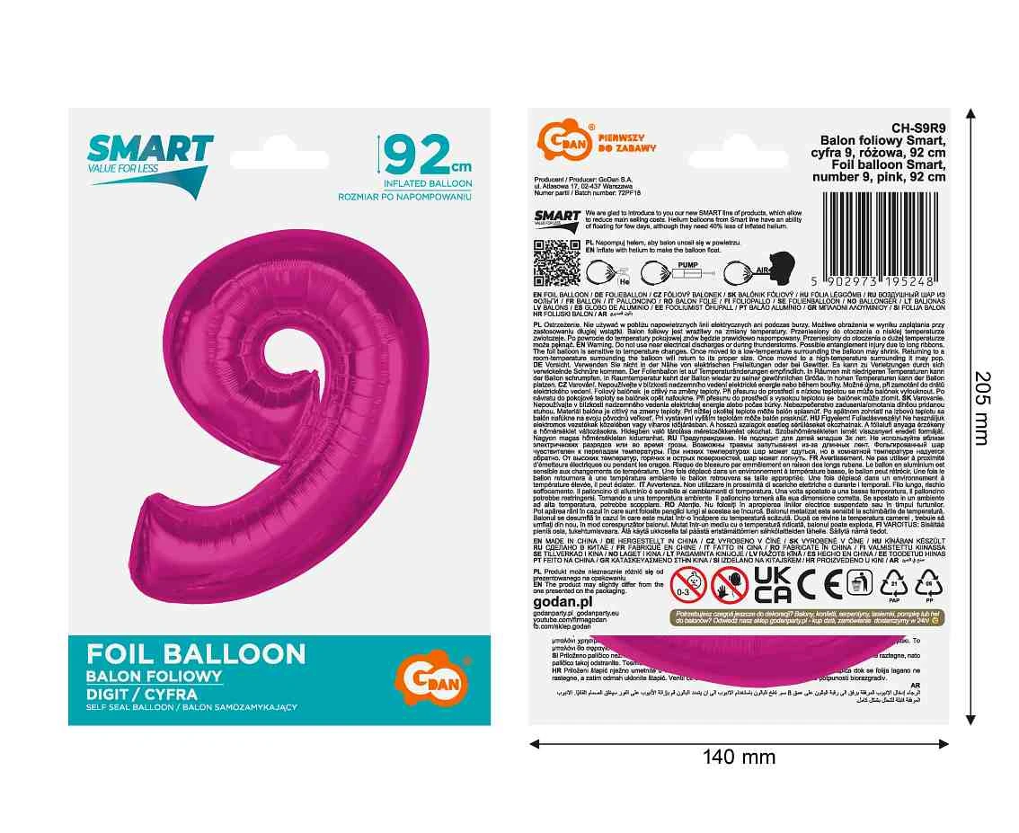 Balon foliowy Smart, cyfra 9, różowa, 92 cm KK