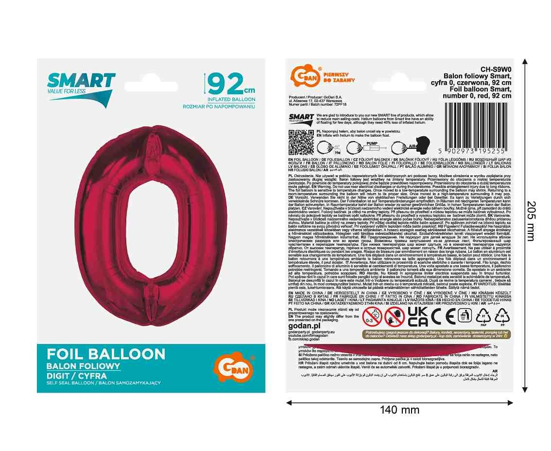 Balon foliowy Smart, cyfra 0, czerwona, 92 cm  KK