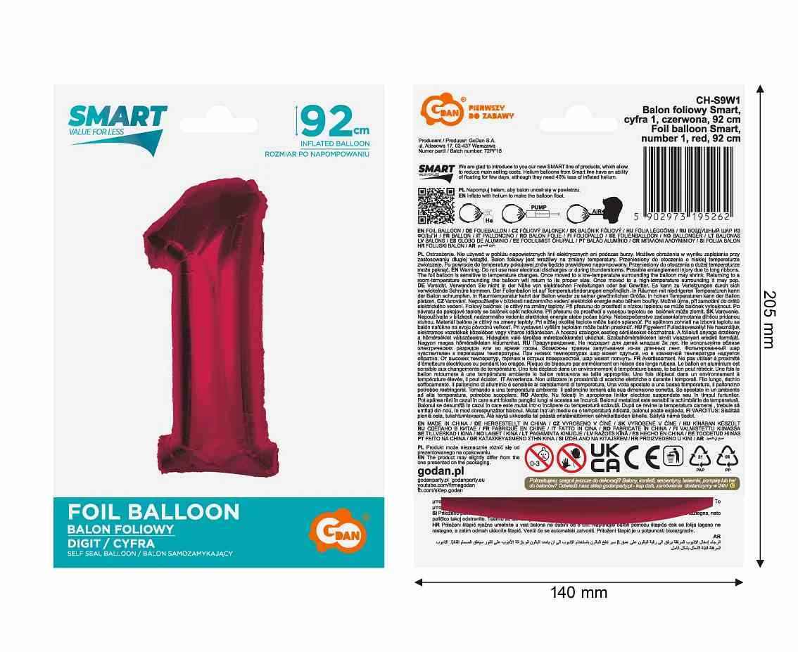 Balon foliowy Smart, cyfra 1, czerwona, 92 cm  KK