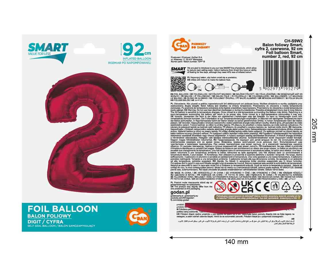 Balon foliowy Smart, cyfra 2, czerwona, 92 cm  KK