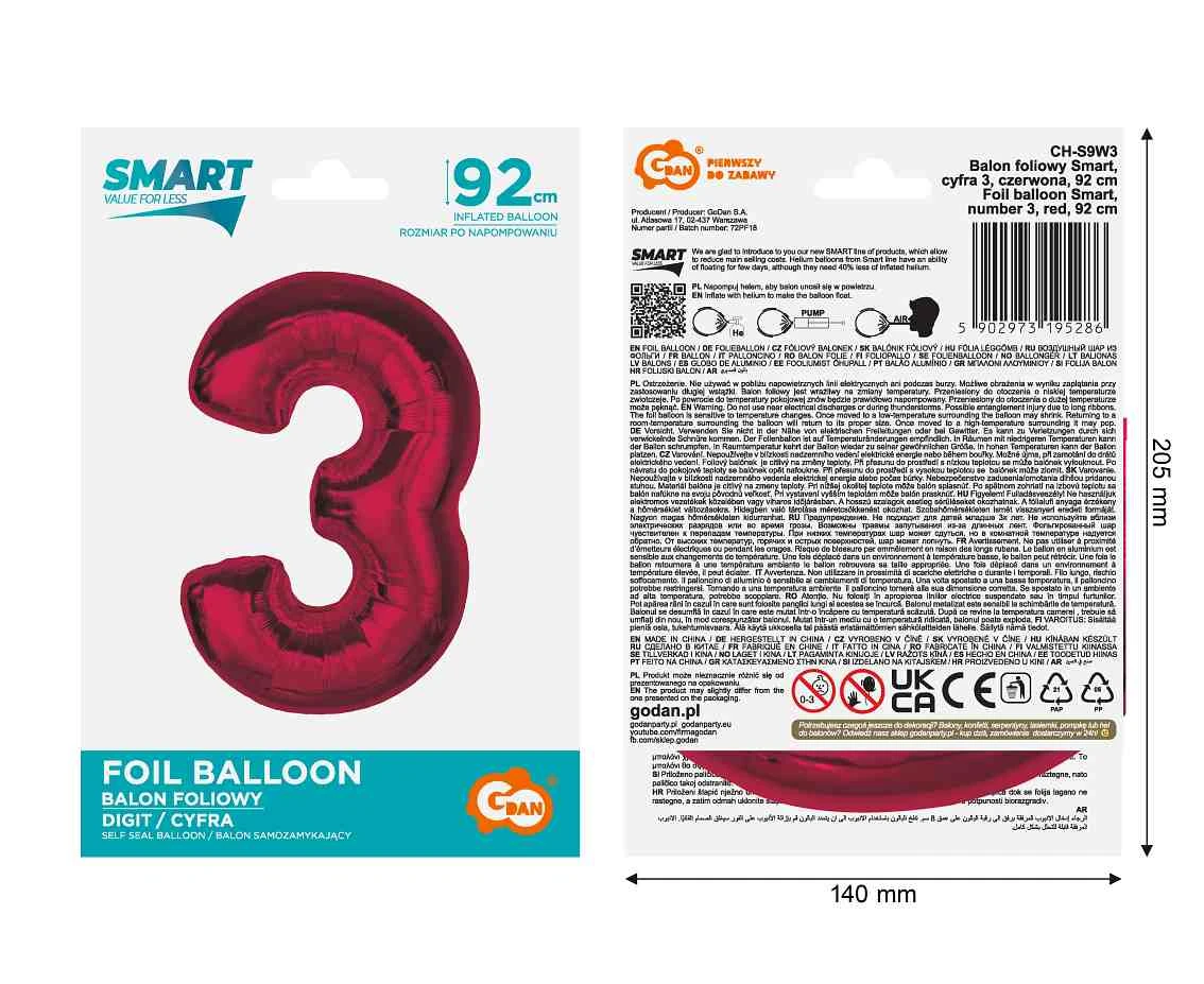 Balon foliowy Smart, cyfra 3, czerwona, 92 cm  KK