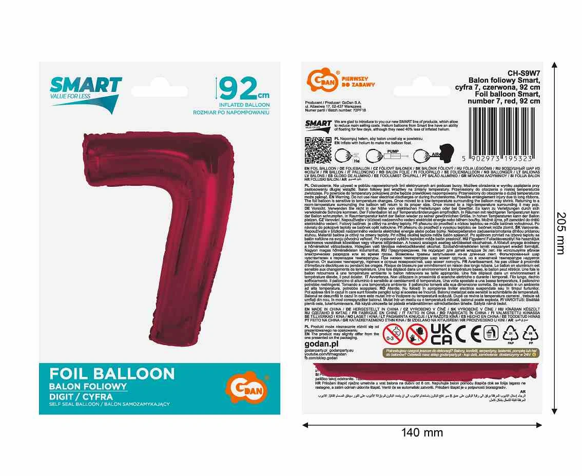 Balon foliowy Smart, cyfra 7, czerwona, 92 cm  KK