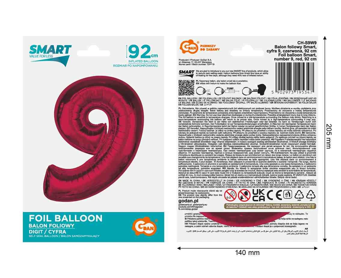Balon foliowy Smart, cyfra 9, czerwona, 92 cm  KK