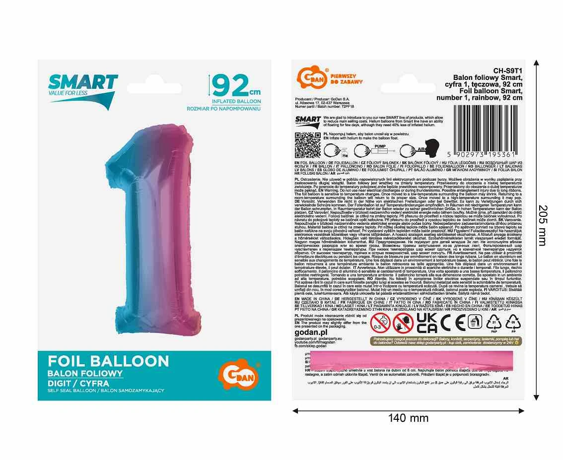 Balon foliowy Smart, cyfra 1, tęczowa, 92 cm  KK